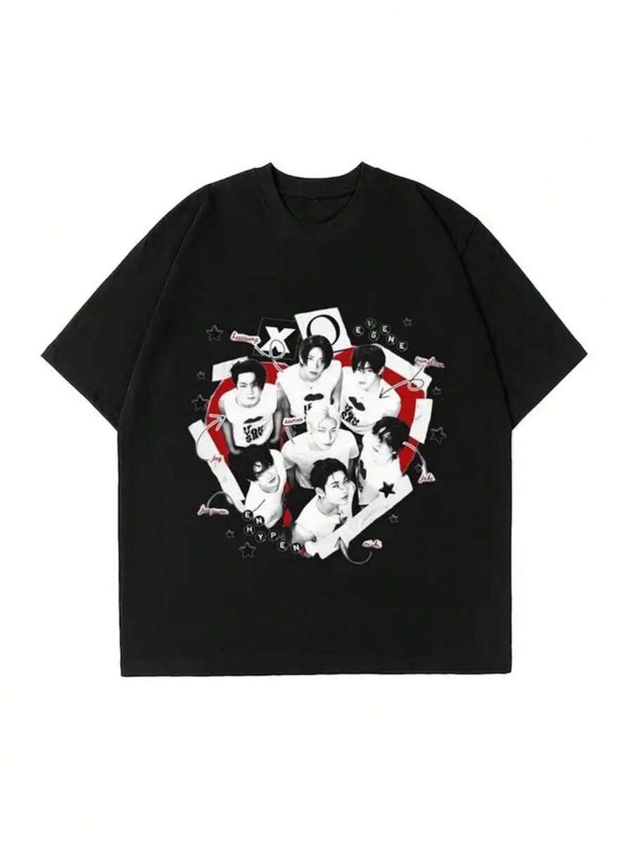 Camiseta de moda negra de manga corta con cuello redondo y diseño de estrellas - Negro - Ver 1