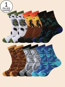 1/3/6 Pairs Random Men's Dinosaur Contrast Color Pattern Comfortable Versatile Mid-Calf Socks, Suitable For Outfits - Multicolor - View 11
