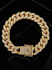 1pc 15mm Shiny Chunky Chain Design Rhinestone Inlaid Hip Hop Style Bracelet + Necklace Set, Suitable For Daily Outfit And Party Decoration - 13mm Dragon Beard Buckle - View 24