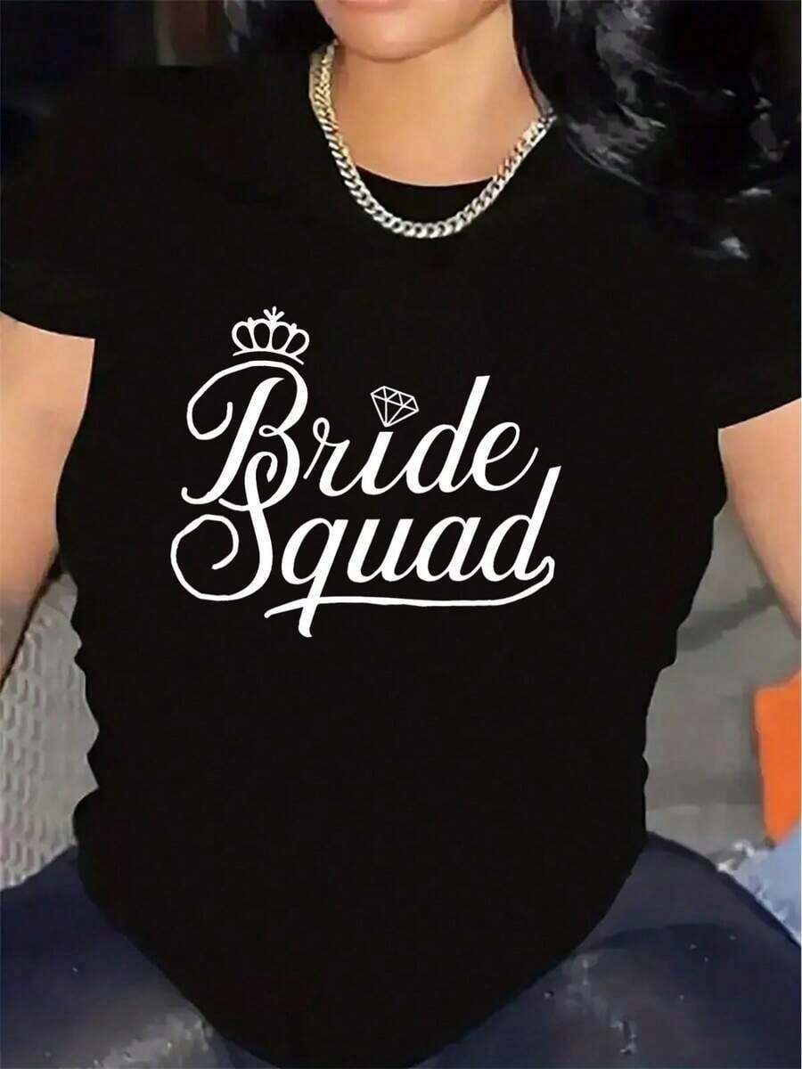 Short-Sleeved T-Shirt For The Bride's Team, Made Of Polyester Fiber, Comfortable And Durable, Perfect For Weddings, Bachelorette Parties And Celebrations, Elegant Design With Crown And Diamond Print, Ideal For Casual Feminine Use. - 黑色 - 查看 1