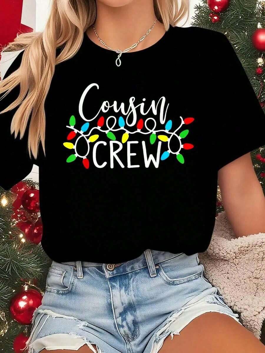 Women's Christmas T-Shirt - Cousin Crew Family Matching Pajigamas Suitable For Xmas Party Outfit, Lettering & Lights Design, Round Neck Casual Sleepwear, Machine Washable Holiday Attire - 黑色 - 查看 1