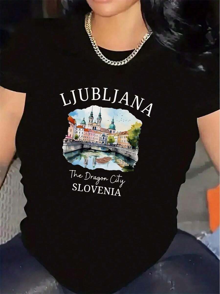 PremiumLoose Travel T-Shirt, Printed With A Ljubljana City Design Featuring A Dragon, Suitable For Outdoor Adventures. Lightweight And Ideal For Visits To Cafes Or Parks, This Comfortable, Casual Crew Neck T-Shirt Is Versatile And Perfect For Everyday Wear. A Great Gift Idea. - 黑色 - 查看 1