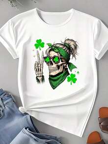 Women's T-Shirt With Skull, Shamrock And Bandana, St. Patrick's Day Theme, Casual Wear, New Arrivals, Gifts For Women - 白色 - 查看 4