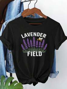 Plus Size Women's T-Shirt With A Lavender Field Print For Spring/Summer. Ideal For Lavender Field Excursions, Countryside Holidays, Everyday Wear For Aromatherapy Enthusiasts, Outdoor Camping, And Casual Yet Stylish Outfits. Perfect For Everyday Urban Style With A Touch Of Ambiance. - 黑色 - 查看 7