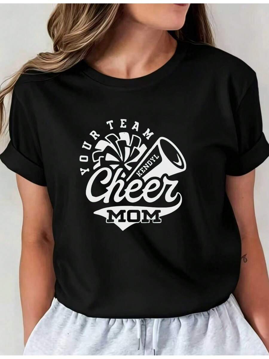 Soft Latest Style Graphic Print T-Shirt For Mother's Day And Team Moms, Basic Casual Crew Neck Short Sleeve T-Shirt For Spring And Summer Vacation, New Women's Clothing, Machine Washable, Casual Crew Neck Top, Comfortable Women's Clothing, Cute, New Arrival - 黑色 - 查看 1