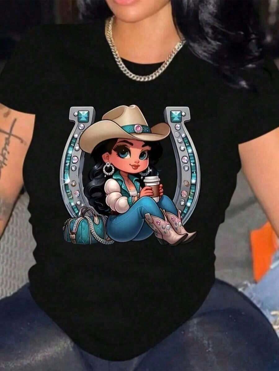 Mujer-shirt Casual Moderna Estampado Vaquera Creativo Herradura Color Liso Corte Holgado Cuello Redondo Manga Corta Primavera Verano Diario Playera - Multicolor - Ver 1