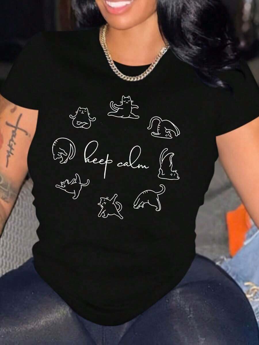 Women's Cat Print T-Shirt, Casual Printed T-Shirt, Round Neck, Short Sleeve, Women's Clothing > Blouses For Women - 黑色 - 查看 1