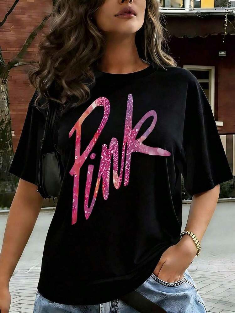 Women's Casual T-Shirt, Bright Pink With Graphic Design, Short Sleeve, Comfortable For Casual And Elegant Outfits, Lightweight And Breathable, Machine Washable, Regular Fit, Round Neck - Black - View 1