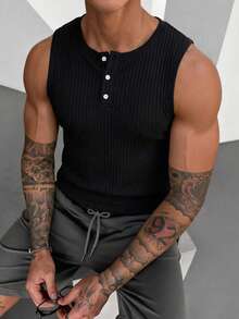 Edición de verano Camiseta de tirantes tipo henley acanalada para hombre, camisa sin mangas de ajuste ceñido y transpirable con botones de media cartera - Negro - Ver 1