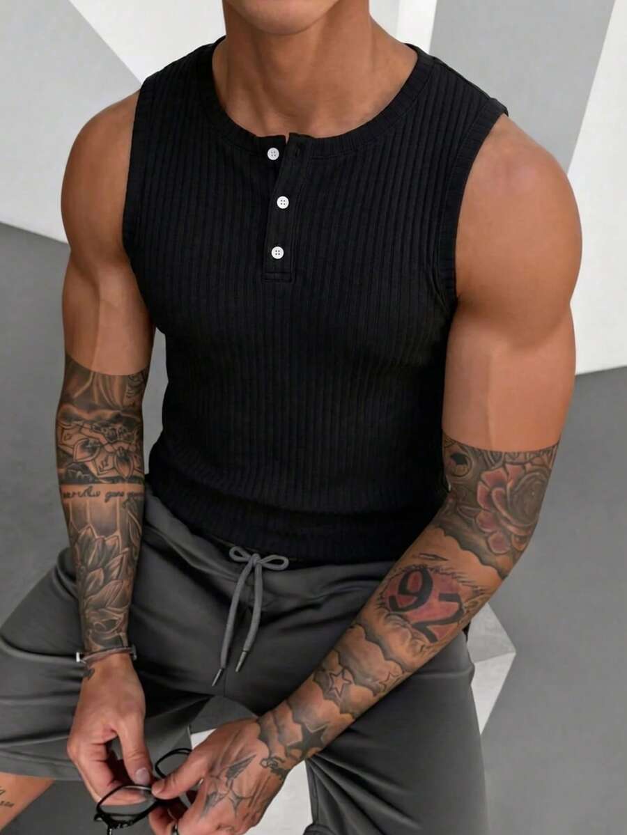 Edición de verano Camiseta de tirantes tipo henley acanalada para hombre, camisa sin mangas de ajuste ceñido y transpirable con botones de media cartera - Negro - Ver 1