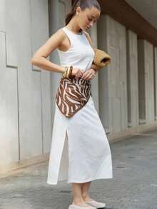 Sleeveless Dress With Round Neck And Zipper, Elegant Summer Style 2026 For Women - 白色 - 查看 5