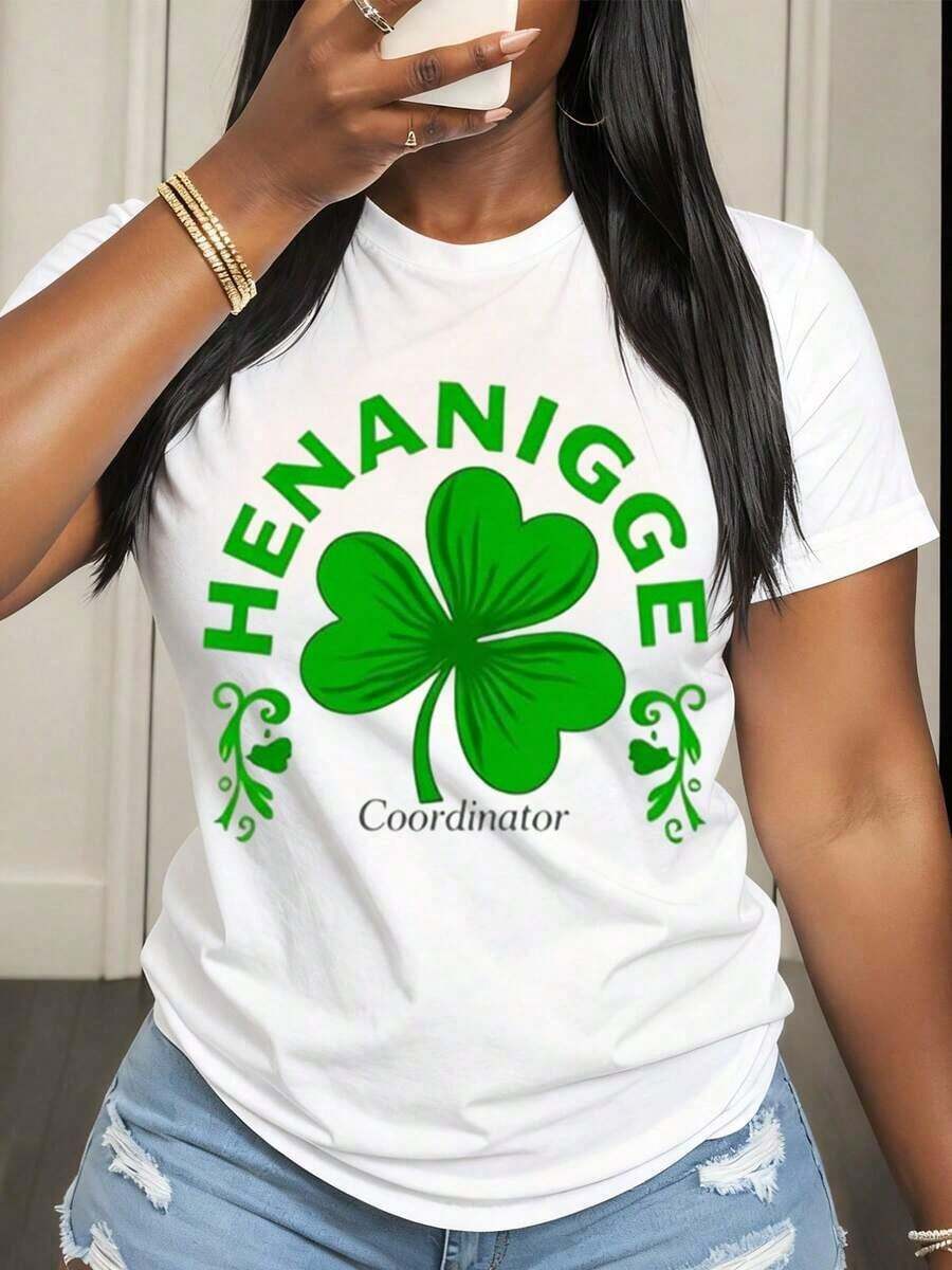 TrendyHenanigge T-Shirt With Shamrock Design, Outfit For St. Patrick's Day Party, Casual Women's Clothing, Irish Festival Celebration T-Shirt, Everyday Wear. - 白色 - 查看 1