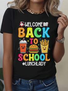 Camiseta Deportiva Casual para Mujer - Camiseta Negra Elástica de Cuello Redondo con Colorido Diseño de Bienvenido de Nuevo a la Escuela, Lavable aáquina, Ajuste Cómodo para Todas las Estaciones, para el Regreso a Clases y Uso Diario. - Negro - Ver 1
