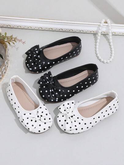 1 Pair Girls' Black Polka Dot Bow Decor Flat Princess Shoes, Soft & Comfortable PU Leather, Round Toe Slip-On Design, Sweet Versatile Casual Ballet Flats, Suitable For Daily Wear, School, Performance, Party, Spring/Autumn