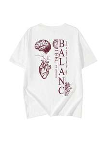 Camiseta de manga corta con estampado de cerebro y corazón equilibrados, estilo retro para mujer. Gráfico de psicología estética, holgada y casual. Cuello redondo, estilo callejero para vacaciones de verano en color blanco - Blanco - Ver 2