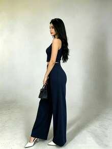 2-Piece Set Of Tank Top And Solid-Color Pants For Casual Holiday Wear - Black - View 5