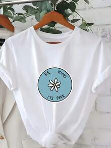| Exquisite Design | Loose And Comfortable | Easy To Match | Women's Summer Letter Print T-Shirt, Korean Casual Style, Regular Fit, Round Neck, Short Sleeve - White - View 1