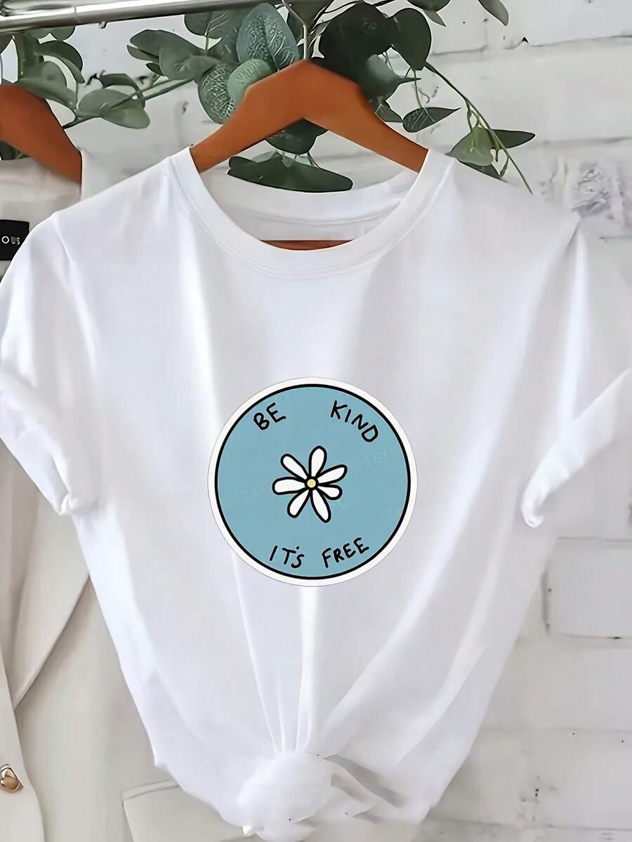 | Exquisite Design | Loose And Comfortable | Easy To Match | Women's Summer Letter Print T-Shirt, Korean Casual Style, Regular Fit, Round Neck, Short Sleeve - White - View 1