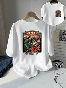 | Exquisite Design | Loose And Comfortable | Easy To Match | Short-Sleeved Printed T-Shirt With Front And Back Designs - ROABILLY ROMAN, Vintage Rock Romance - Fashionable Printed T-Shirt For Women, Spring/Summer,  Item, Versatile And Casual. - 白色 - 查看 1