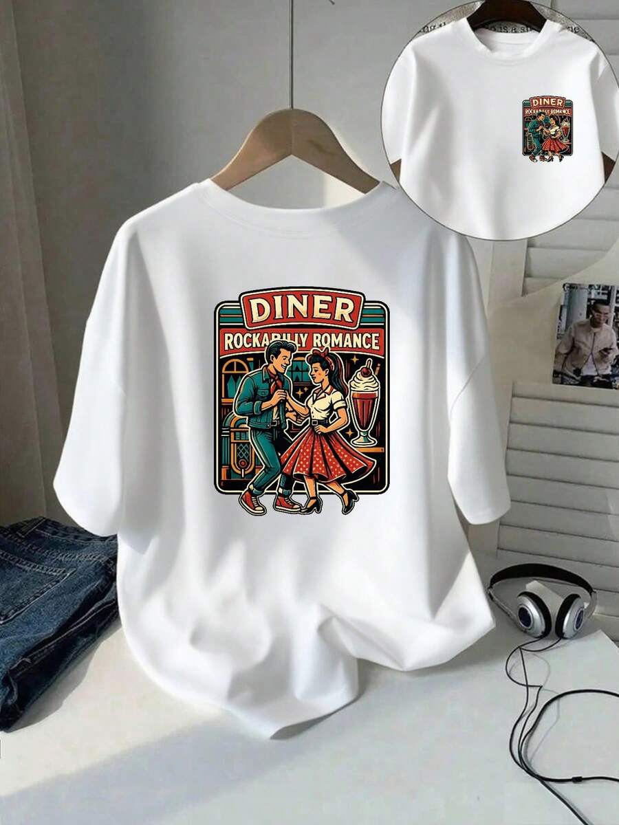 | Exquisite Design | Loose And Comfortable | Easy To Match | Short-Sleeved Printed T-Shirt With Front And Back Designs - ROABILLY ROMAN, Vintage Rock Romance - Fashionable Printed T-Shirt For Women, Spring/Summer, Item, Versatile And Casual. - 白色 - 查看 1