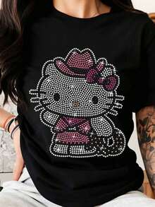 Women's Casual Sports T-Shirt - Black Elastic Crew Neck T-Shirt With Rhinestone Design. Machine Washable, Comfortable Fit And Suitable For All Seasons, For Daily Wear And Recreational Activities. - Black - View 6