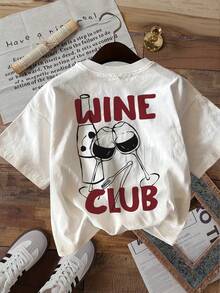 | Exquisite Design | Loose And Comfortable | Easy To Match | [Double-Sided Print] Women's Summer Clothes, Short Sleeve, Vintage Style, Text, Wine Glass Print, Round Neck, Pure Cotton Short Sleeve T-Shirt [LangK] - 白色 - 查看 2