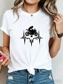 Limited Time Offer, Limited Quantities, Flash ! Women's Casual Shirts, Women's Polyester T-Shirts, Stylish Shirts. Motorcycle Heartbeat Rider Minimalist Graphic Print T-Shirt, Casual Short Sleeve Crew Neck Top For Summer And Spring, Women's Clothing - 白色 - 查看 1