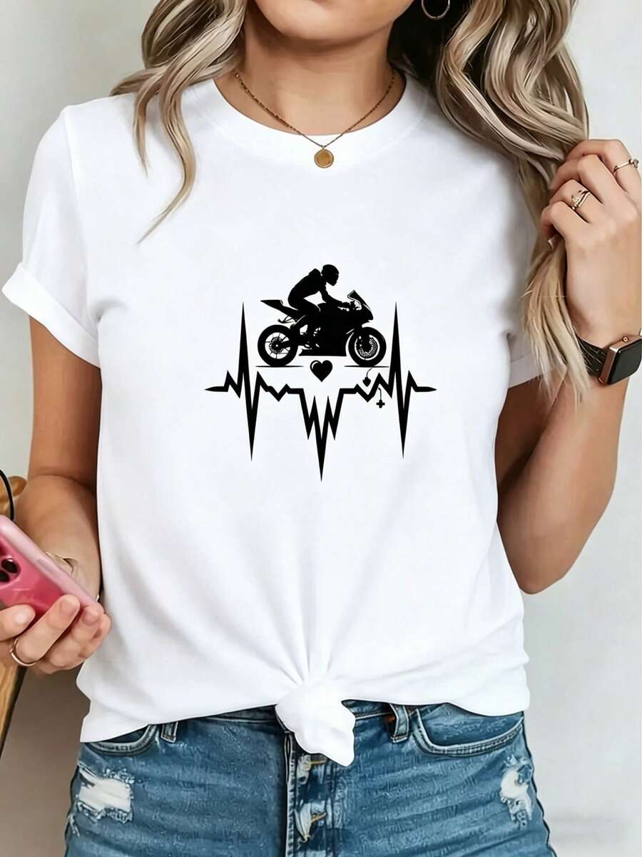 Limited Time Offer, Limited Quantities, Flash ! Women's Casual Shirts, Women's Polyester T-Shirts, Stylish Shirts. Motorcycle Heartbeat Rider Minimalist Graphic Print T-Shirt, Casual Short Sleeve Crew Neck Top For Summer And Spring, Women's Clothing - 白色 - 查看 1