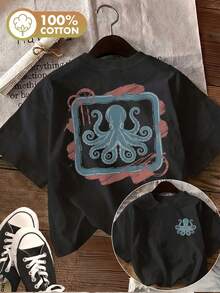 | Exquisite Design | Loose And Comfortable | Easy To Match | [Double-Sided Print] Women's Summer Clothes, Vintage Style, Wave And Octopus Print, Pure Cotton T-Shirt, Casual For Daily Wear, Round Neck, Short Sleeve - 黑色 - 查看 8