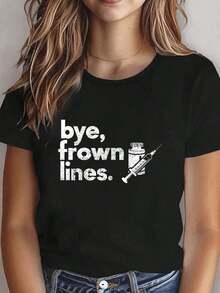 1 Piece Of Vintage Short-Sleeved Round Neck T-Shirt, Casual Graphic Print, Soft Cotton, For Women, With The Phrase "Goodbye To Expression Lines", Ideal For Spa, Beauty, Nursing. - 黑色 - 查看 1