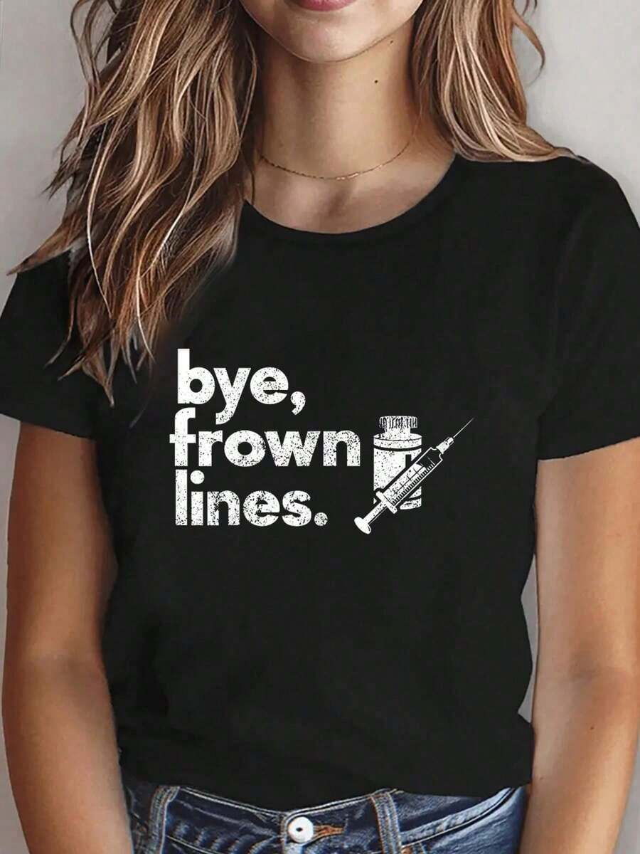 1 Piece Of Vintage Short-Sleeved Round Neck T-Shirt, Casual Graphic Print, Soft Cotton, For Women, With The Phrase "Goodbye To Expression Lines", Ideal For Spa, Beauty, Nursing. - 黑色 - 查看 1