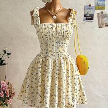 Nuevo vestido mini de línea A con cordones, estilo dulce y lindo, bohemio, romántico con estampado floral, para vacaciones, fiesta, cita, San Valentín, Pascua, carnaval, té de la tarde, playa, crucero, vacaciones en la ciudad - Multicolor - Ver 8