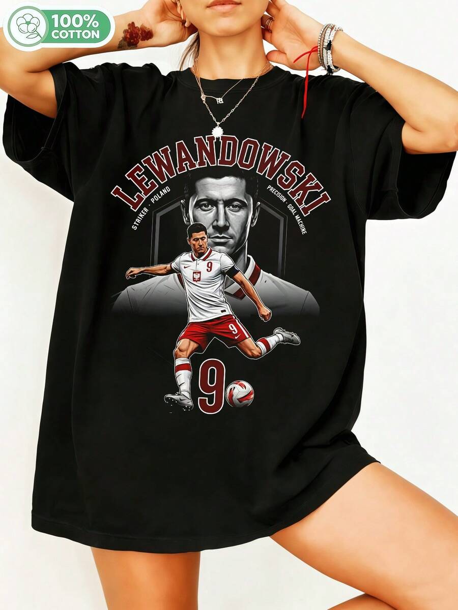 Robert Lewandowski, Polish Football Player, Graphic, 100% Cotton, Oversized T-Shirt, Y2K Streetwear, Unisex T-Shirt For Men And Women, Football Fans, Casual Sportswear Top. - 黑色 - 查看 1