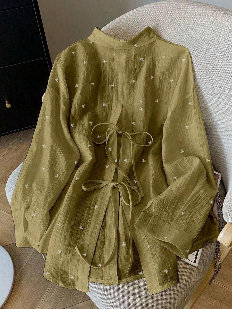 Women's Long-Sleeved Shirt With Open Back And Tie, Loose And Slim Fit, For Spring/Summer - Biru - View 1
