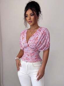 Blusa sexy con mangas de murciélago plisadas y ajustadas - Púrpura malva - Ver 4