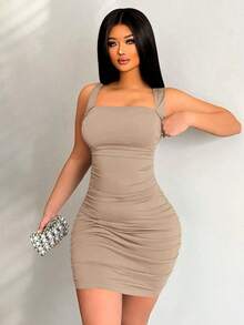 Vestido corto fruncido de un solo color para ropa de Año Nuevo - Caqui - Ver 5