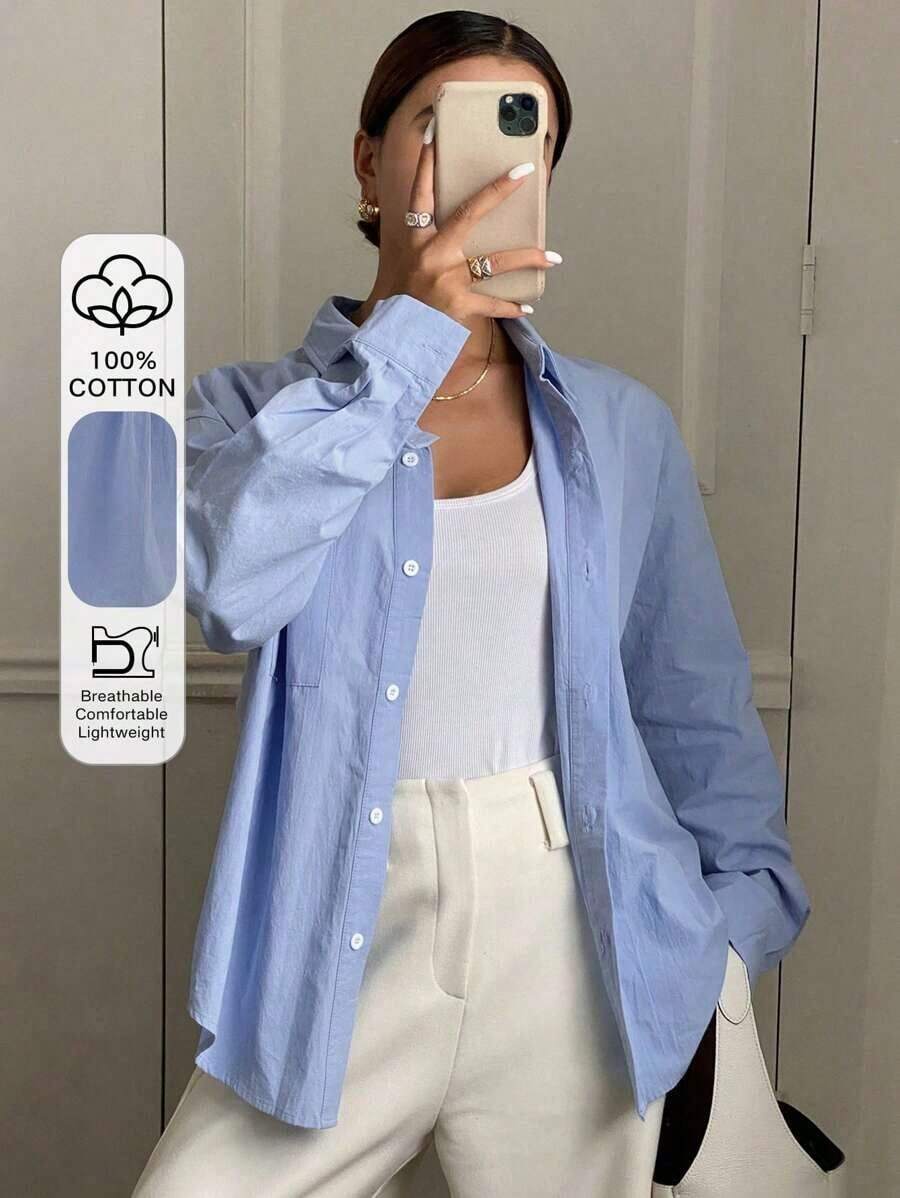 Camisa de manga larga con hombros caídos y rayas verticales - Azul - Ver 1