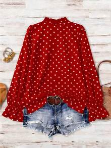 Camisa casual de manga larga con volantes y lunares de gasa, de talla grande, color marrón, adecuada para el ocio y las vacaciones de verano - Rojo - Ver 2