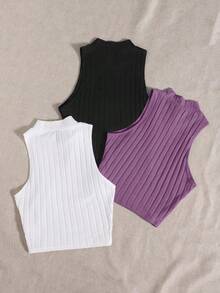 Top de tanque casual sólido de cuello redondo acanalado para el verano - Multicolor 6 - Ver 2
