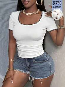 Camiseta blanca básica, casual y sencilla con cuello en V, manga corta, ajustada, con fruncido lateral, acanalada y elástica para mujeres, para el verano - Multicolor 5 - Ver 2
