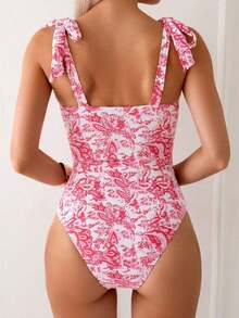 Swim Basics 1 pieza Traje de baño de una sola pieza con estampado sólido y floral y tirantes de espagueti anudados para mujer - Rosa - Ver 2