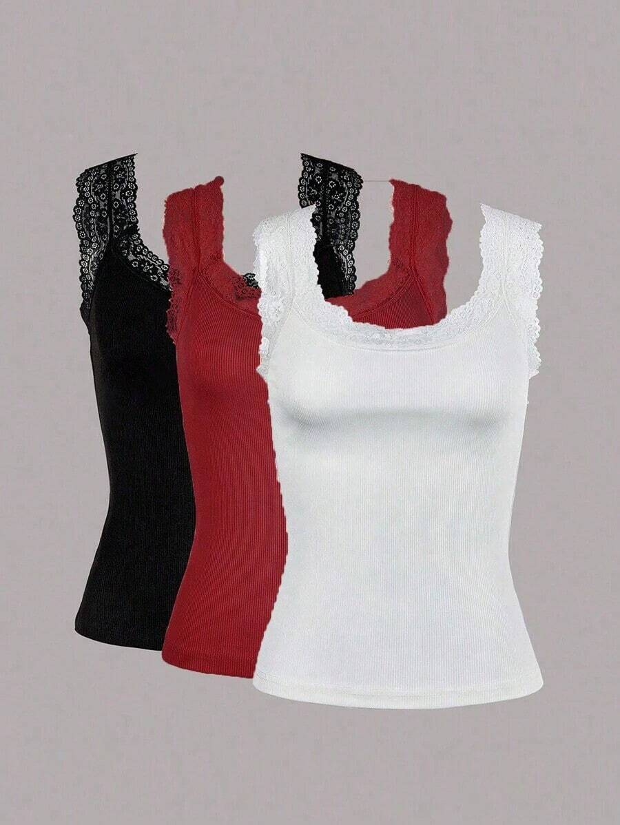 Top de tirantes de cuello redondo de unicolor con encaje de contraste para mujer en verano - Multicolor 3 - Ver 1