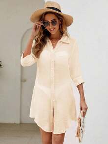 Swim Vcay Kimono unicolor con botón delantero bajo curvo - Albaricoque - Ver 6