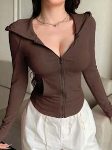 Sudadera con cremallera para el Día de San Valentín, camiseta ajustada para mujer - Café integral - Ver 5