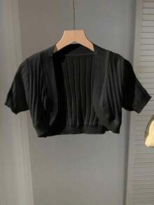 Cárdigan de punto de manga corta casual de verano en unicolor - Negro - Ver 3