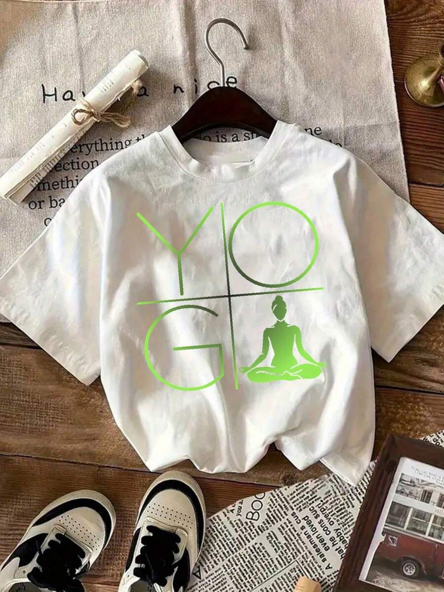 This Fashionable Women's T-Shirt Features A "Yoga Sport" Pattern Design And Is Made Of 100% Pure Cotton. It Has A Round Neck And Short Sleeves, Providing Comfort And Breathability. It Is Both Casual And Elegant, Making It A Must-Have Item For Summer. - 白色 - 查看 1