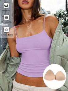 Camiseta ajustada con cuello redondo, almohadilla en el pecho y transpirable.Camisola básica para mujer sin sujetador - Púrpura malva - Ver 6