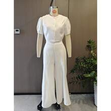 Elegant Spring Outfit For Women, Short Button-Down Blouse And Flared Trousers, Fashionable Style - White - View 2
