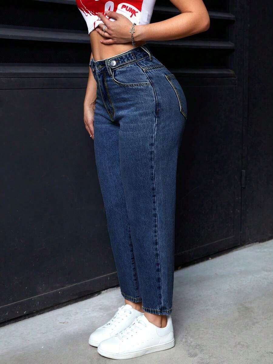 Pantalones vaqueros informales de mujer con bolsillos de forma cónica y multiusos - Azul lavado oscuro - Ver 1