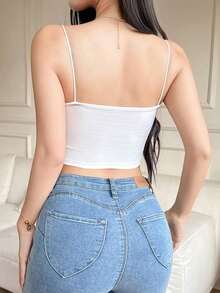 Top camisola ajustado y plisado de unicolor minimalista para uso casual y diario, verano - Blanco - Ver 6